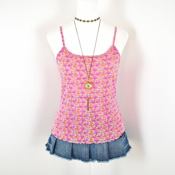 VTG 00s Y2K Newport News Pink Floral Semi Sheer Mesh Lettuce Hem Cami Top Sz 1X - Picture 4 of 6